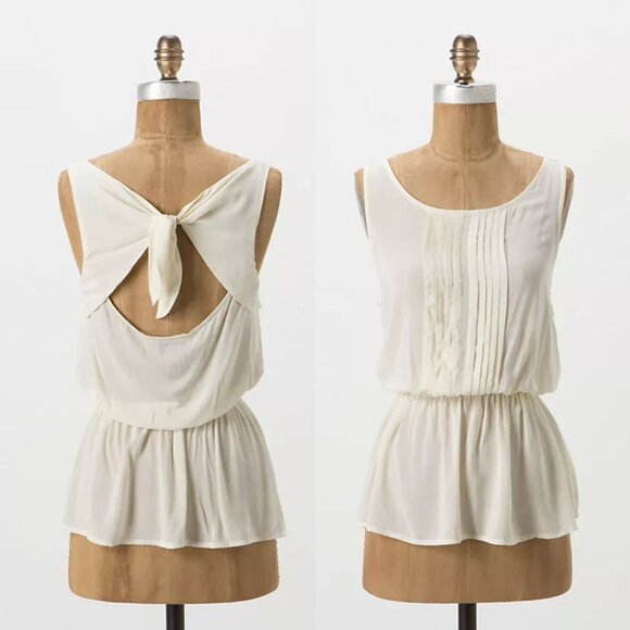 Vanessa Virginia Anthropologie - Pintuck Peplum Blouse Tie-Back | Size 2 | Cream - Picture 2 of 5